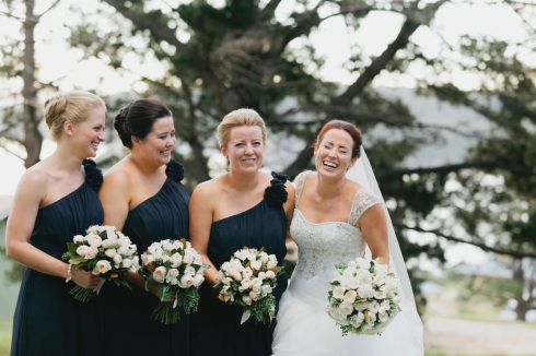 bride with her bridesmaids - blue bridesmaid dresses